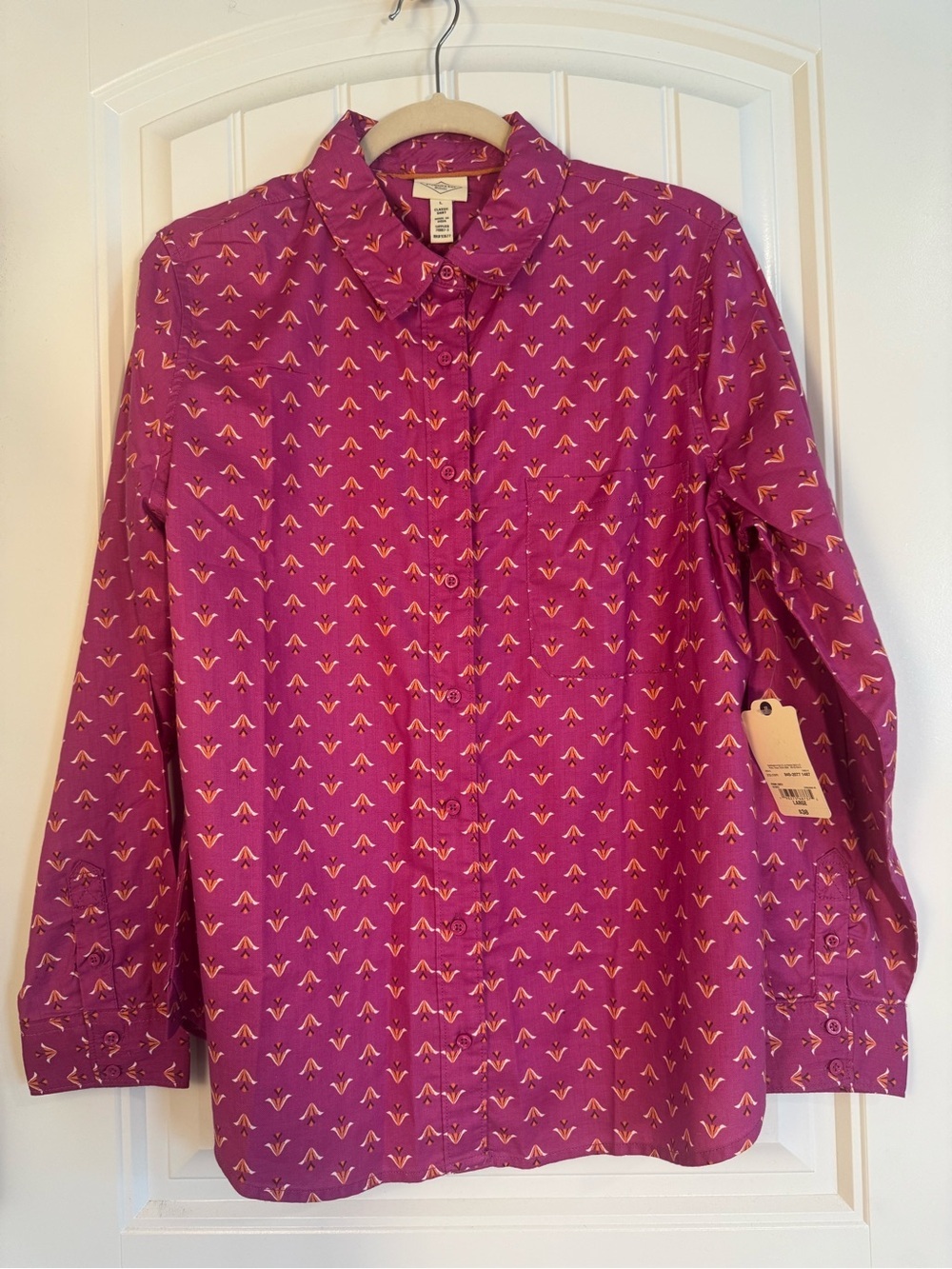 St. John’s Bay Fuchsia Button-Down Blouse with Gold Accent Print NWT